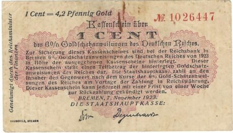Аверс банкноты 4.2 пфеннигов Gold / 1 US-Cent (Германия) 1923 года