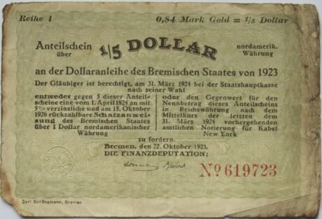 Аверс банкноты 0.84 марок Gold / ⅕ US-Dollar (Германия) 1923 года