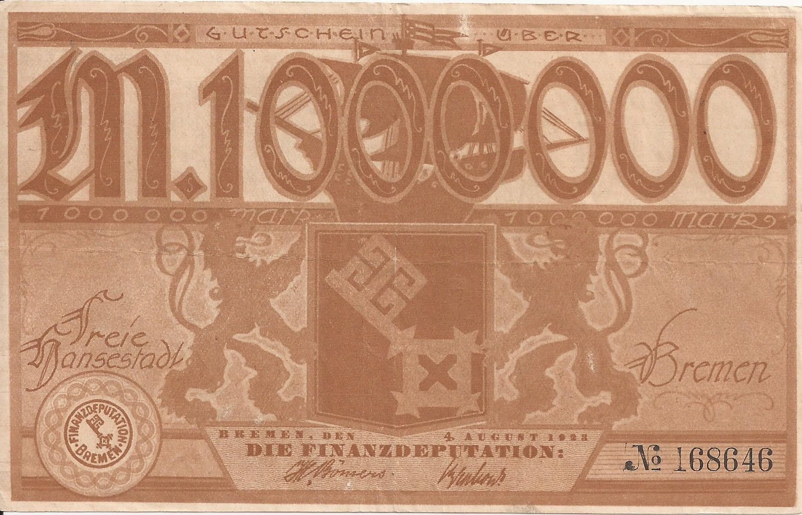 Аверс банкноты 1000000 марок (Германия) 1923 года