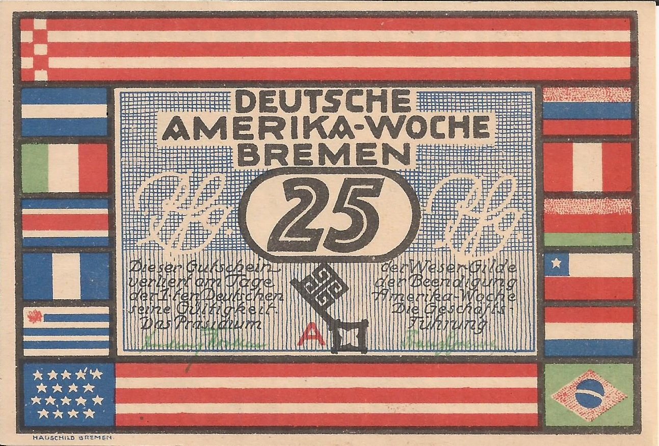 Аверс банкноты 25 пфеннигов Deutsche Amerika-Woche (Германия) 1923 года