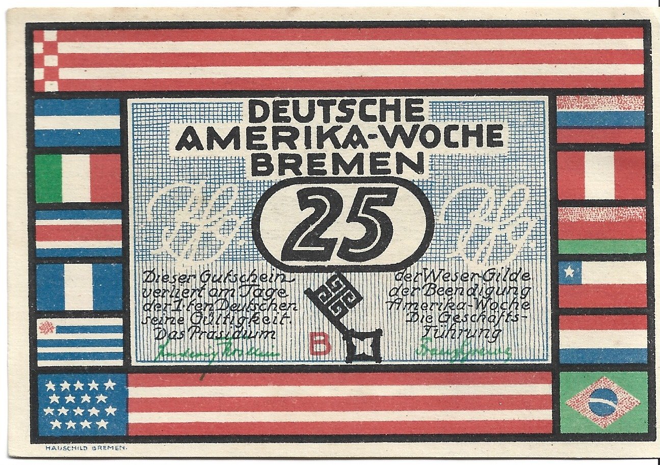 Аверс банкноты 25 пфеннигов Deutsche Amerika-Woche (Германия) 1923 года