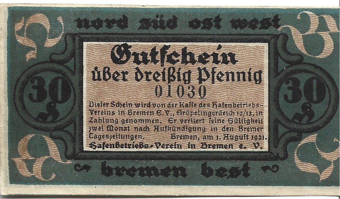 Аверс банкноты 30 пфеннигов Hafenbetriebs-Verein (Германия) 1921 года