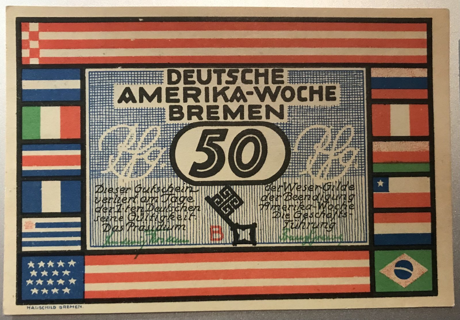 Аверс банкноты 50 пфеннигов Deutsche Amerika-Woche (Германия) 1922 года