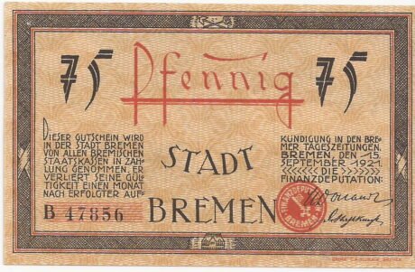 Аверс банкноты 75 пфеннигов (Германия) 1921 года