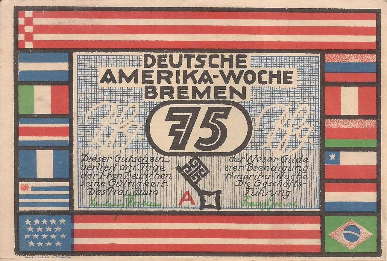 Аверс банкноты 75 пфеннигов Deutsche Amerika-Woche (Германия) 1923 года