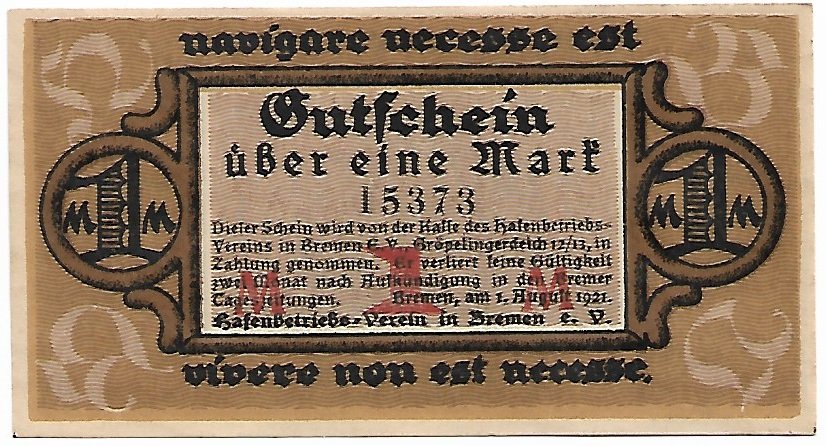 Аверс банкноты 1 марка Hafenbetriebs-Verein (Германия) 1921 года