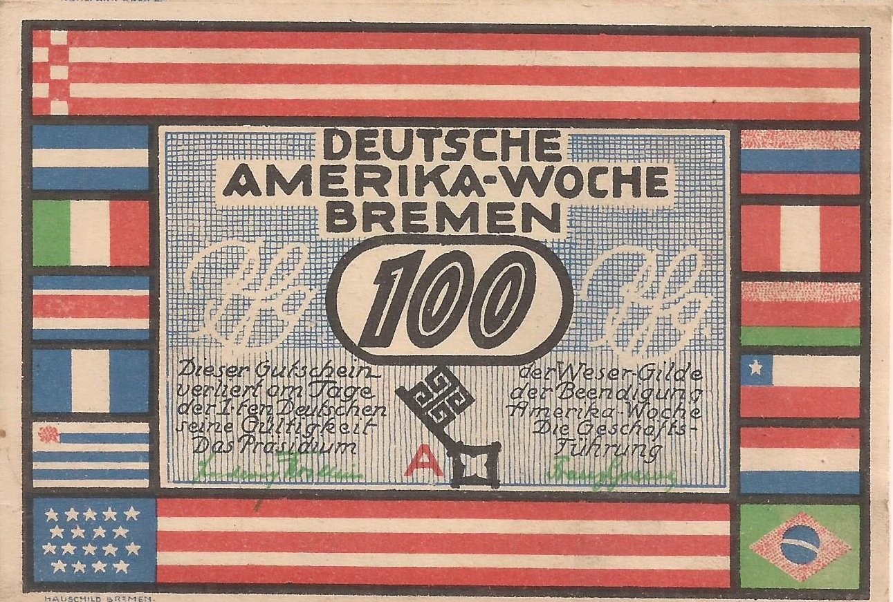 Аверс банкноты 100 пфеннигов Deutsche Amerika-Woche (Германия) 1923 года