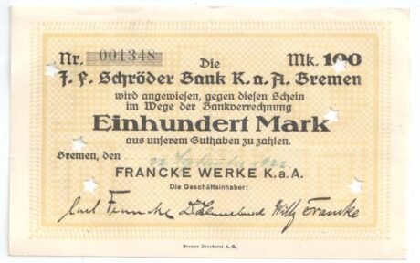 Awers banknotu 100 marek Francke Werke (Niemcy) 1922