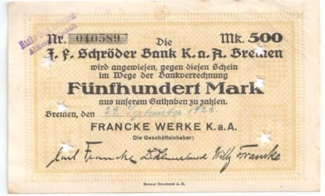 Аверс банкноты 500 marek Francke Werke (Niemcy) 1922