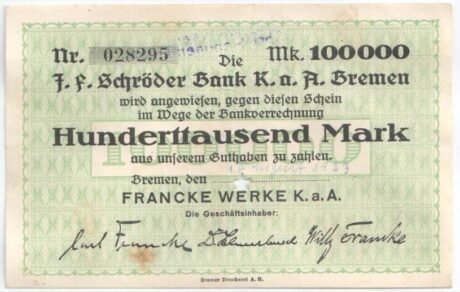 Аверс банкноты 100000 marek Francke Werke (Niemcy) 1923