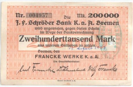 Аверс банкноты 200 000 marek Francke Werke (Niemcy) 1923