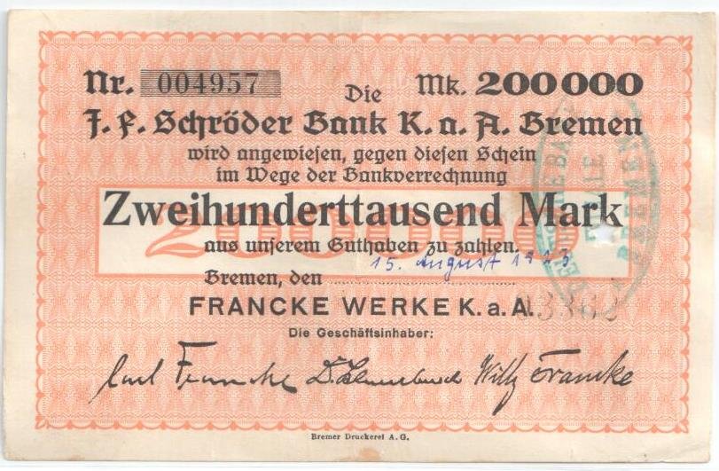 Аверс банкноты 200 000 марок Francke Werke (Германия) 1923 года