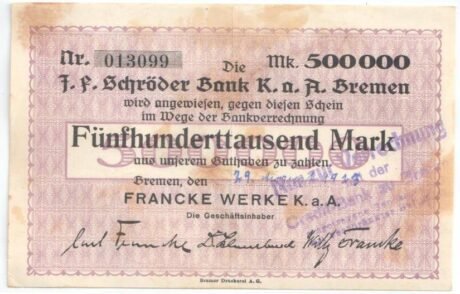 Аверс банкноты 500000 marek Francke Werke (Niemcy) 1923