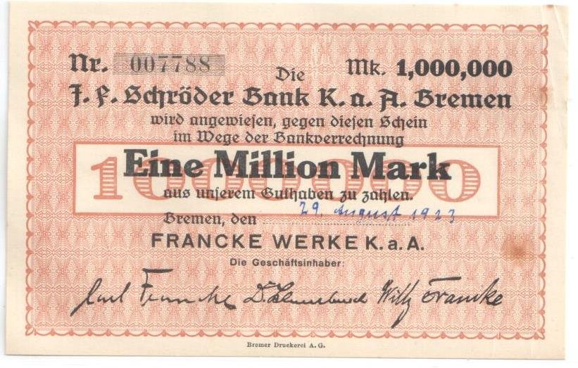 Аверс банкноты 1000000 марок Francke Werke (Германия) 1923 года