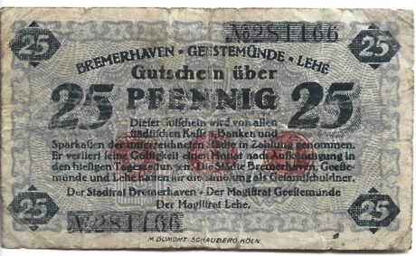 Аверс банкноты 25 fenigów (Niemcy) 1919