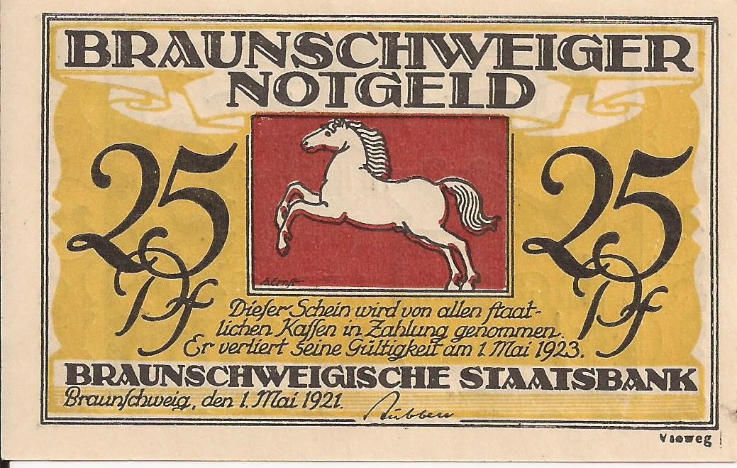 Аверс банкноты 25 пфеннигов Braunschweigische Staatsbank (Германия) 1921 года