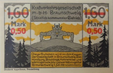 Аверс банкноты 0,50 Kraftverkehrsgesellschaft, nadruk na 1,60 marce (Niemcy) 1921