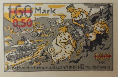 Реверс банкноты 0,50 Kraftverkehrsgesellschaft, nadruk na 1,60 marce (Niemcy) 1921