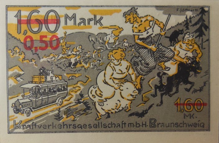 Реверс банкноты 0.50 марок Kraftverkehrsgesellschaft, надпечатка на 1.60 марок (Германия) 1921 года