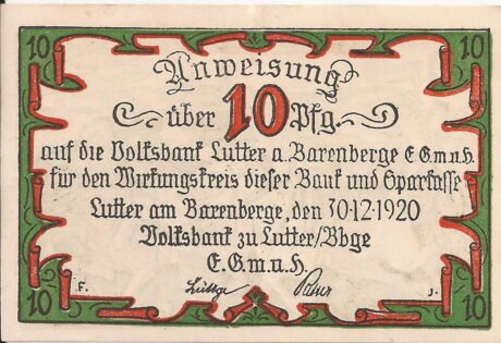 Аверс банкноты 10 fenigów Volksbank (Niemcy) 1920