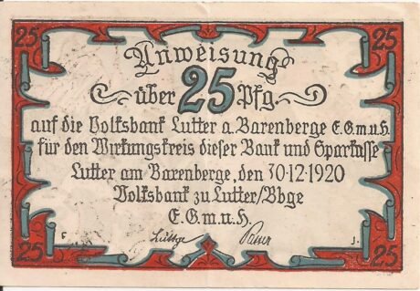 Аверс банкноты 25 пфеннигов Volksbank (Германия) 1920 года