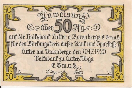 Аверс банкноты 50 fenigów Volksbank (Niemcy) 1920