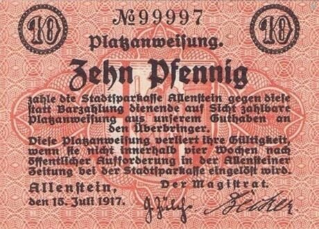 Аверс банкноты 10 fenigów (Niemcy) 1917