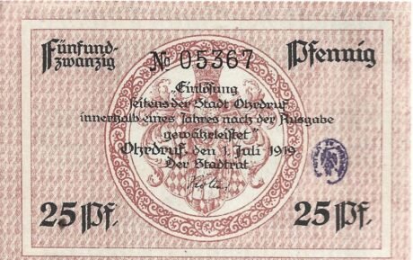 Аверс банкноты 25 fenigów (Niemcy) 1919