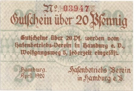 Аверс банкноты 20 fenigów Hafenbetriebs-Verein (Niemcy) 1919