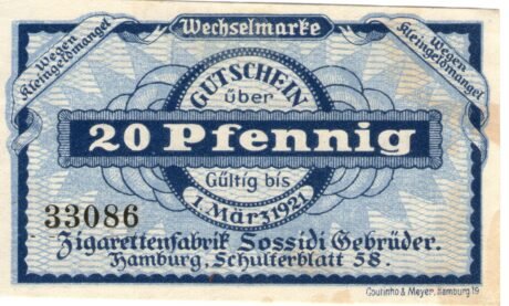 Аверс банкноты Moneta 20 fenigów Zigarettenfabrik Sossidi (Niemcy) 1921