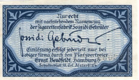 Реверс банкноты Moneta 20 fenigów Zigarettenfabrik Sossidi (Niemcy) 1921