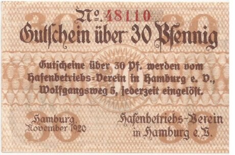 Аверс банкноты 30 пфеннигов Hafenbetriebs-Verein (Германия) 1919 года