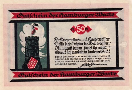 Аверс банкноты 50 fenigów Hamburger Warte (Niemcy) 1921