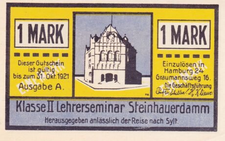 Аверс банкноты 1 znaczek Lehrerseminar Steinhauerdamm (Niemcy)