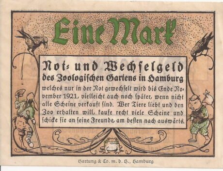 Аверс банкноты 1 марка Zoologischer Garten; imprint on obverse (Германия) 1921 года