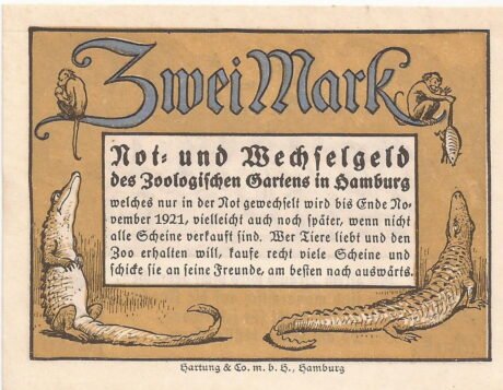 Аверс банкноты 2 marki Zoologischer Garten; nadruk na awersie (Niemcy) 1921