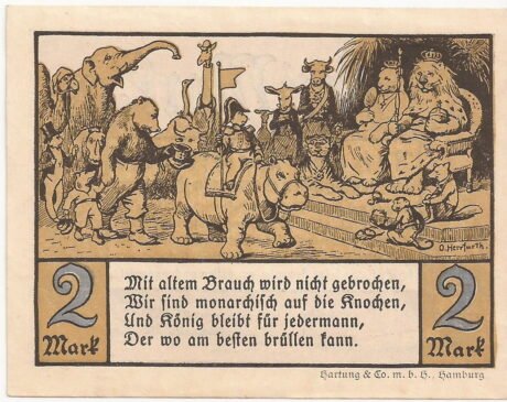 Реверс банкноты 2 marki Zoologischer Garten; nadruk na odwrocie (Niemcy) 1921