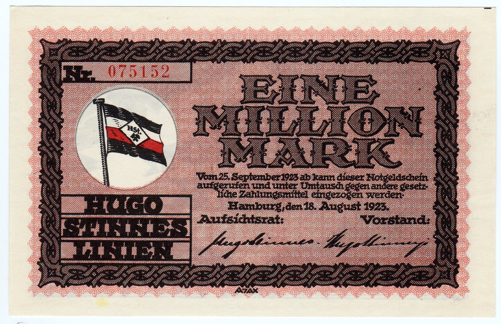 Аверс банкноты 1000000 марок Hugo Stinnes Linien (Германия) 1923 года