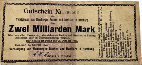 Аверс банкноты 2 000 000 000 marek Vereinigung von Hamburger Banken und Bankiers (Niemcy) 1923