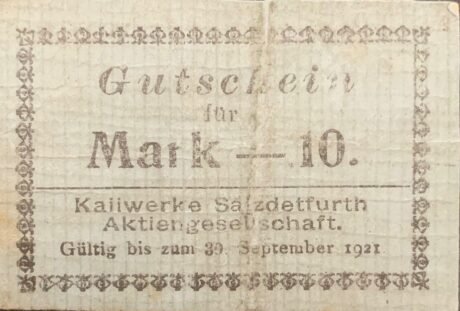 Аверс банкноты 0,10 marki Salzdetfurth; Kaliwerke (Niemcy)