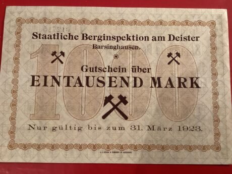 Реверс банкноты 1000 marek Barsinghausen; Berginspektion am Deister (Niemcy) 1922