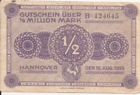 Аверс банкноты 500000 marek prowincjonalne wydanie wspólne Handelskammer, Landwirtschaftskammer i Handwerkskammer Hannover (Niemcy) 1923