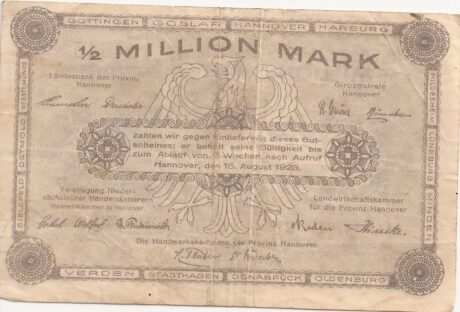 Реверс банкноты 500000 marek prowincjonalne wydanie wspólne Handelskammer, Landwirtschaftskammer i Handwerkskammer Hannover (Niemcy) 1923