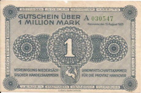 Аверс банкноты 1000000 marek prowincjonalne wspólne wydanie Handelskammer, Landwirtschaftskammer i Handwerkskammer Hannover (Niemcy), 1923