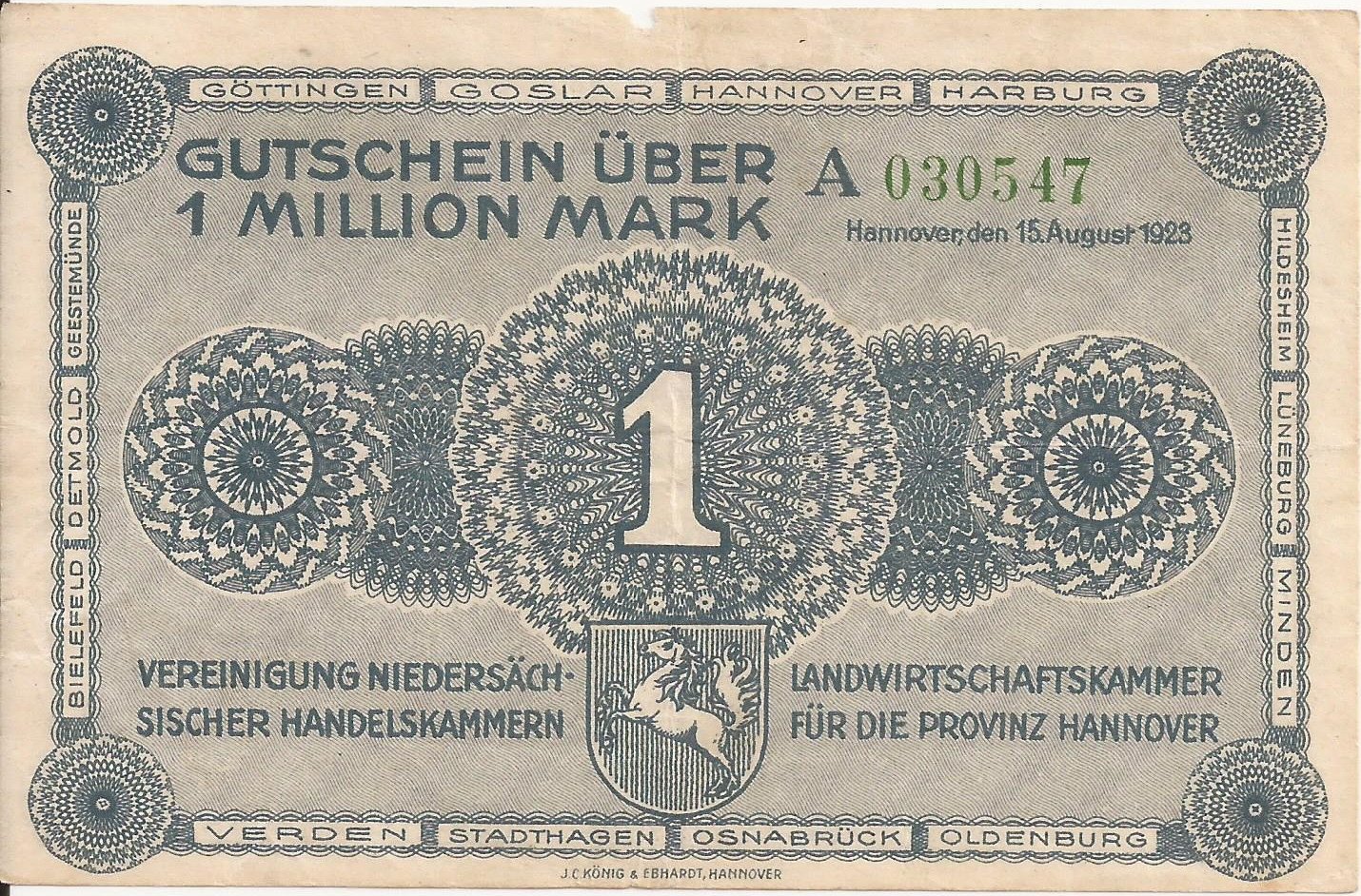 Аверс банкноты 1000000 марок provincial joint issue of Handelskammer, Landwirtschaftskammer and Handwerkskammer Hannover (Германия) 1923 года