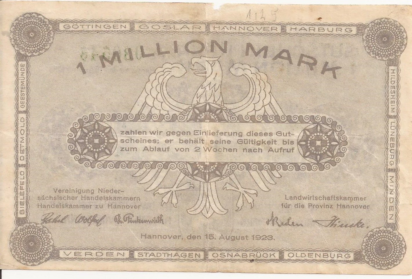 Реверс банкноты 1000000 марок provincial joint issue of Handelskammer, Landwirtschaftskammer and Handwerkskammer Hannover (Германия) 1923 года