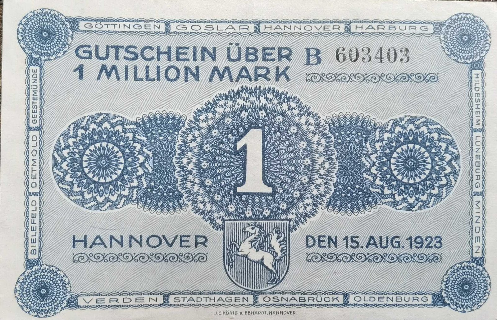 Аверс банкноты 1000000 марок provincial joint issue of Handelskammer, Landwirtschaftskammer and Handwerkskammer Hannover (Германия) 1923 года