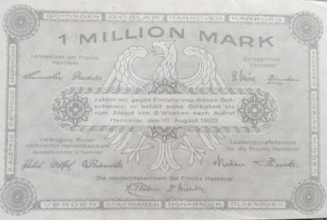 Реверс банкноты 1000000 марок provincial joint issue of Handelskammer, Landwirtschaftskammer and Handwerkskammer Hannover (Германия) 1923 года