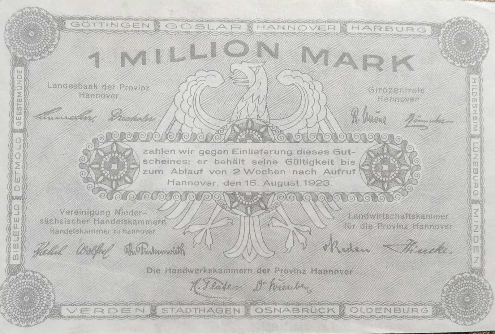 Реверс банкноты 1000000 марок provincial joint issue of Handelskammer, Landwirtschaftskammer and Handwerkskammer Hannover (Германия) 1923 года