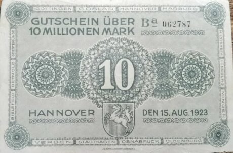 Аверс банкноты 10000000 марок provincial joint issue of Handelskammer, Landwirtschaftskammer and Handwerkskammer Hannover (Германия) 1923 года